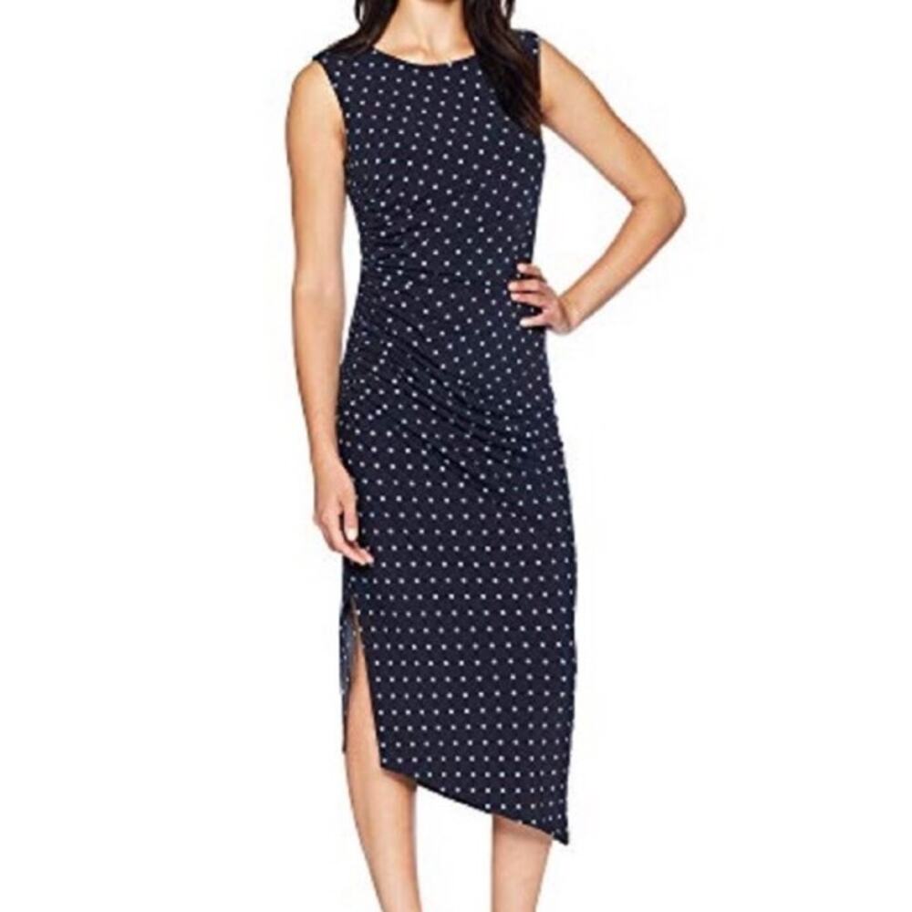 Vince Camuto Polka Dot Print Ruched Midi Dress Women's Petite  Medium